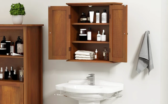 Alt view image 2 of 6 - Bathroom Wall Cabinet with 2 Doors, Over The Toilet | 8.8"D x 21.1"W x 24"H, Medicine Cabinet, Adjustable Shelves, Cupboard, Walnut