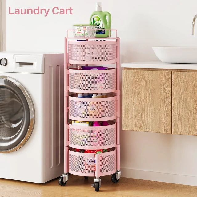 Alt view image 7 of 7 - 5-Tier Fruit and Vegetable Basket Bowls for Kitchen, Rotating, Pink | Metal Top Lid, Rolling Storage Rack Cart for Potato, Onion &Fruit, Large Wire Basket Organizer for Kitchen Counter, Pantry