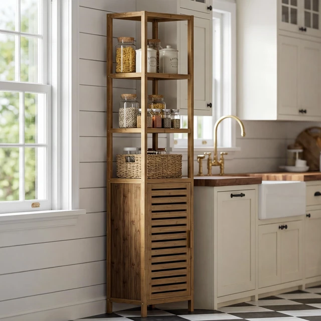 Alt view image 3 of 7 - Bathroom Cabinet, Bamboo Floor Cabinet Freestanding Narrow Storage Unit with Removable Shelves, 6 Tier Tall Cabinet, Walnut