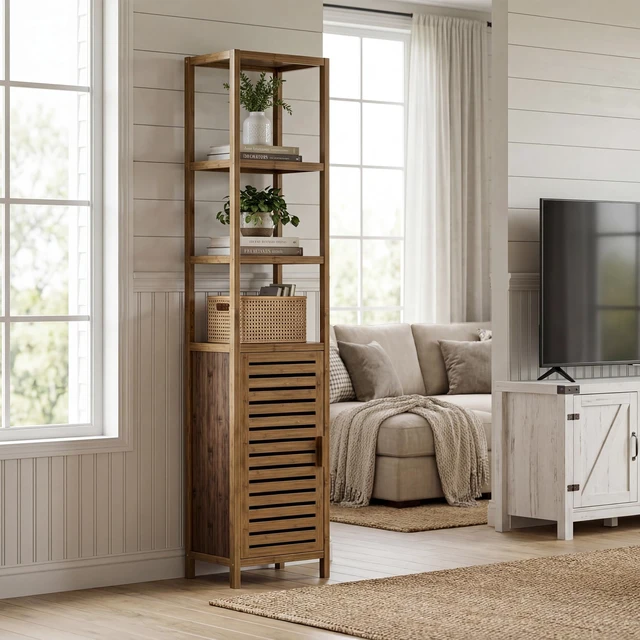 Alt view image 2 of 7 - Bathroom Cabinet, Bamboo Floor Cabinet Freestanding Narrow Storage Unit with Removable Shelves, 6 Tier Tall Cabinet, Walnut