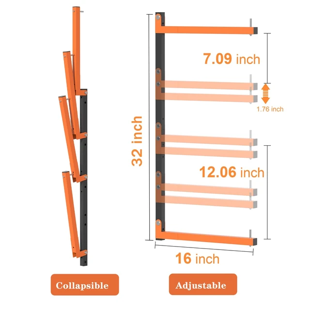 Alt view image 3 of 7 - Lumber Storage Rack Wall Mount, Foldable 8-Level Wood Storage Rack | Metal, Removable & Adjustable Arm, Indoor and Outdoor Use, for Garage, Workshop, Basement