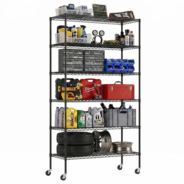Main image of Commercial Wire Shelving Unit Metal Shelf Casters Adjustable Layer Rack Strong Steel for Restaurant Garage Pantry Kitchen Garage (45×18×82, Black)