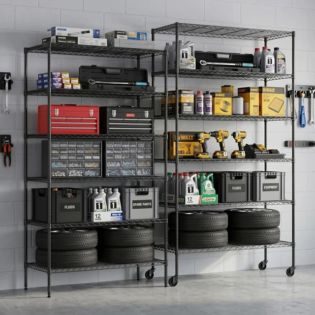 Alt view image 7 of 7 - Commercial Wire Shelving Unit Metal Shelf Casters Adjustable Layer Rack Strong Steel for Restaurant Garage Pantry Kitchen Garage (45×18×82, Black)