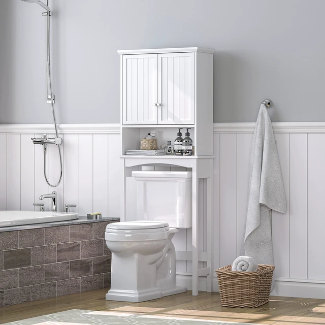 Alt view image 3 of 7 - Over the Toilet Storage Cabinet with Doors, Adjustable Shelf, White | Raised-Panel Doors, Adjustable Interior Shelf, Open Storage, Anti-Tip Device, 33-Inch Clearance, FSC-Certified Wood
