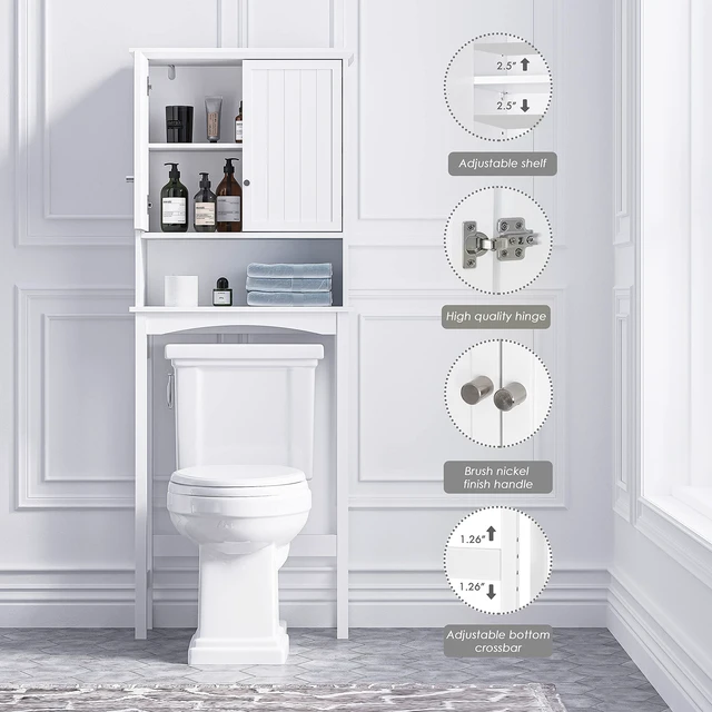 Alt view image 2 of 7 - Over the Toilet Storage Cabinet with Doors, Adjustable Shelf, White | Raised-Panel Doors, Adjustable Interior Shelf, Open Storage, Anti-Tip Device, 33-Inch Clearance, FSC-Certified Wood