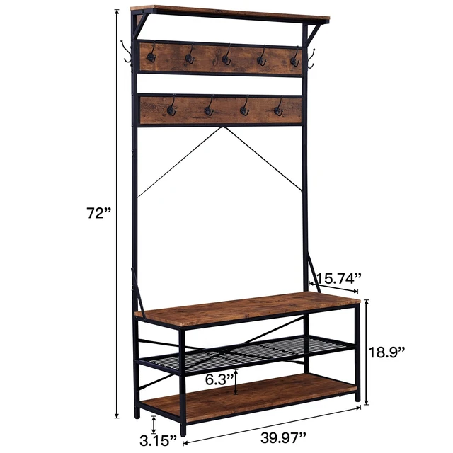 Alt view image 6 of 7 - 3-in-1 Entryway Coat Rack,Vintage Industrial Hall Tree 72 Inch with Storage Bench and Coat Racks Entryway Storage Shelf Organizer with 9 Hooks Large Size, Wood Look Accent Furniture with Metal Frame