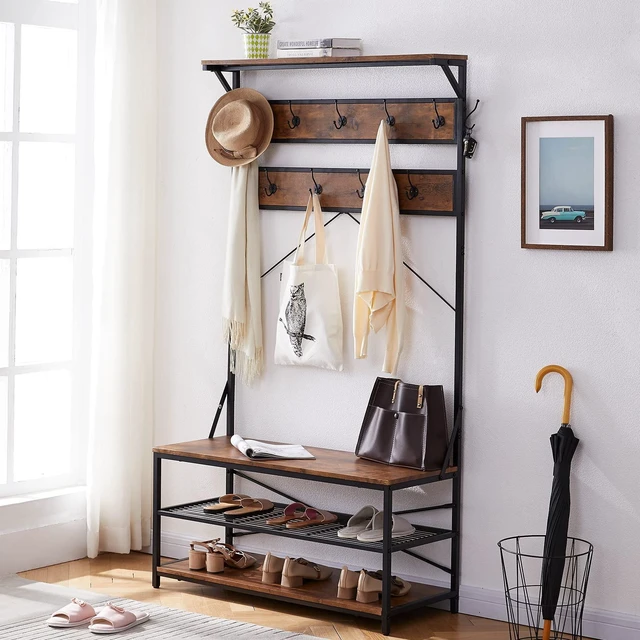 Main image of 3-in-1 Entryway Coat Rack,Vintage Industrial Hall Tree 72 Inch with Storage Bench and Coat Racks Entryway Storage Shelf Organizer with 9 Hooks Large Size, Wood Look Accent Furniture with Metal Frame