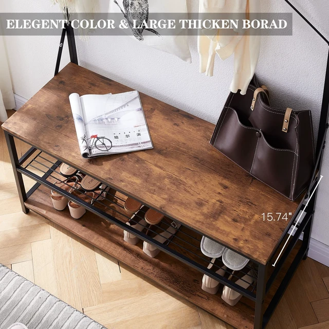 Alt view image 5 of 7 - 3-in-1 Entryway Coat Rack,Vintage Industrial Hall Tree 72 Inch with Storage Bench and Coat Racks Entryway Storage Shelf Organizer with 9 Hooks Large Size, Wood Look Accent Furniture with Metal Frame