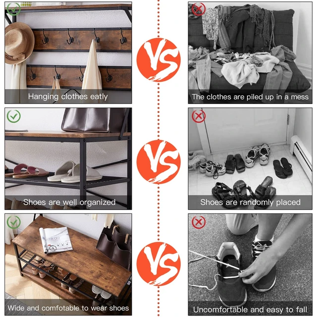 Alt view image 7 of 7 - 3-in-1 Entryway Coat Rack,Vintage Industrial Hall Tree 72 Inch with Storage Bench and Coat Racks Entryway Storage Shelf Organizer with 9 Hooks Large Size, Wood Look Accent Furniture with Metal Frame