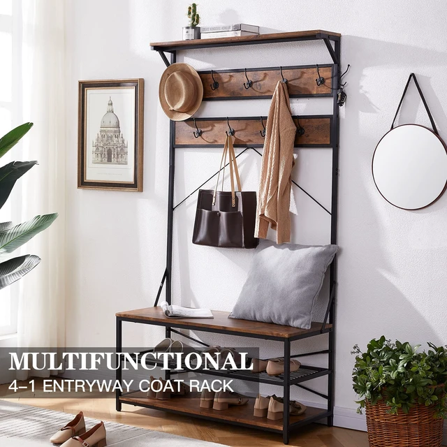 Alt view image 2 of 7 - 3-in-1 Entryway Coat Rack,Vintage Industrial Hall Tree 72 Inch with Storage Bench and Coat Racks Entryway Storage Shelf Organizer with 9 Hooks Large Size, Wood Look Accent Furniture with Metal Frame