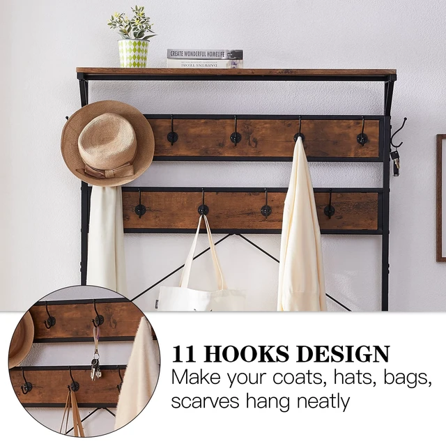 Alt view image 4 of 7 - 3-in-1 Entryway Coat Rack,Vintage Industrial Hall Tree 72 Inch with Storage Bench and Coat Racks Entryway Storage Shelf Organizer with 9 Hooks Large Size, Wood Look Accent Furniture with Metal Frame