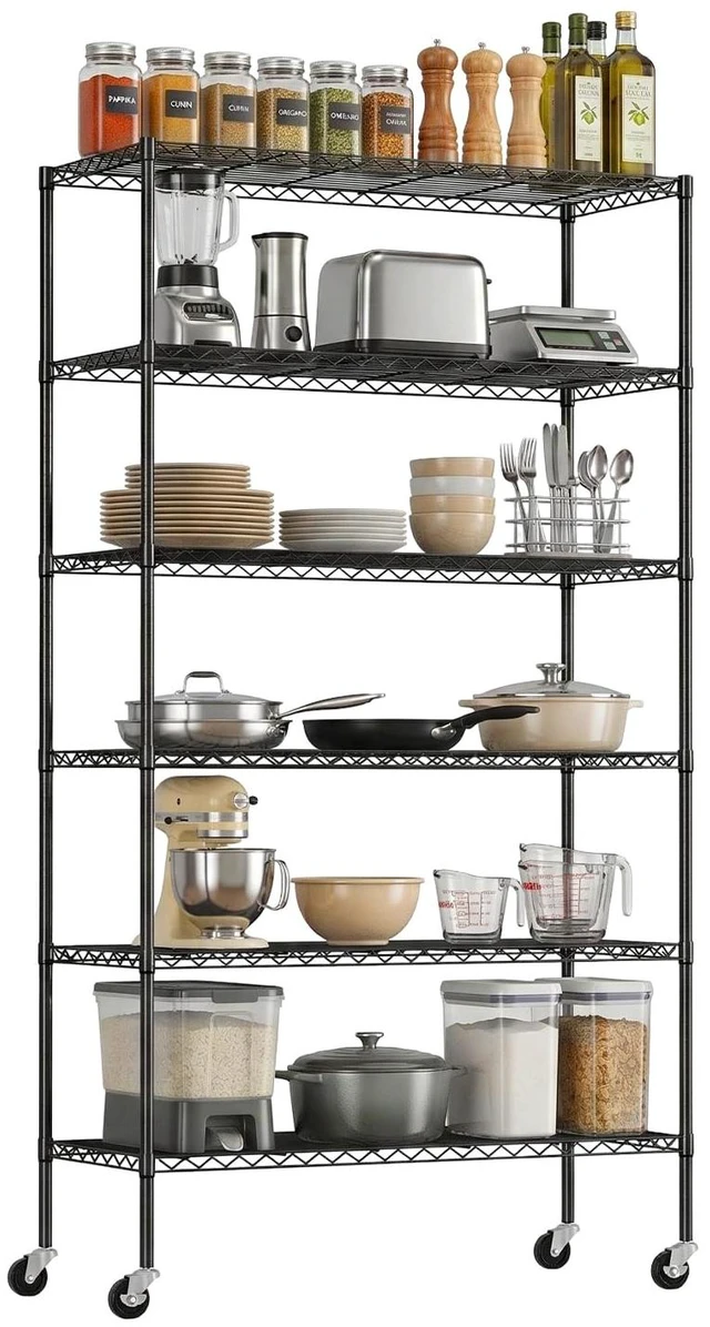 Main image of 6-Tier Wire Shelf with Wheels | 45"x18"x82" | Black | Heavy-Duty Storage Shelves with Adjustable Racks, Holds Upto 510 lbs | Rust-Resistant, No-Tool Assembly | for Home, Garage