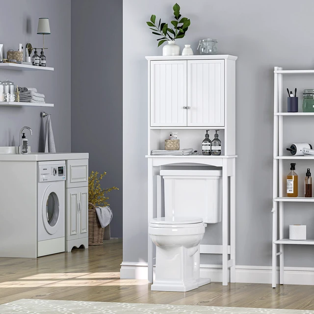 Alt view image 5 of 7 - Over the Toilet Storage Cabinet with Doors, Adjustable Shelf, White | Raised-Panel Doors, Adjustable Interior Shelf, Open Storage, Anti-Tip Device, 33-Inch Clearance, FSC-Certified Wood