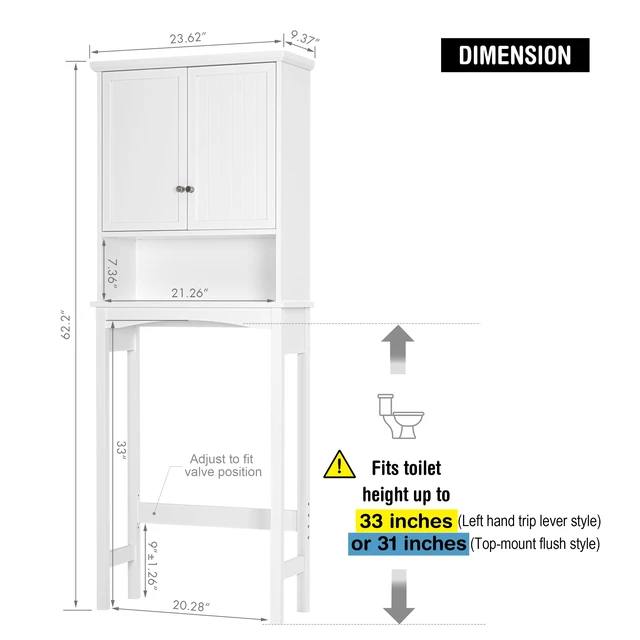 Alt view image 6 of 7 - Over the Toilet Storage Cabinet with Doors, Adjustable Shelf, White | Raised-Panel Doors, Adjustable Interior Shelf, Open Storage, Anti-Tip Device, 33-Inch Clearance, FSC-Certified Wood