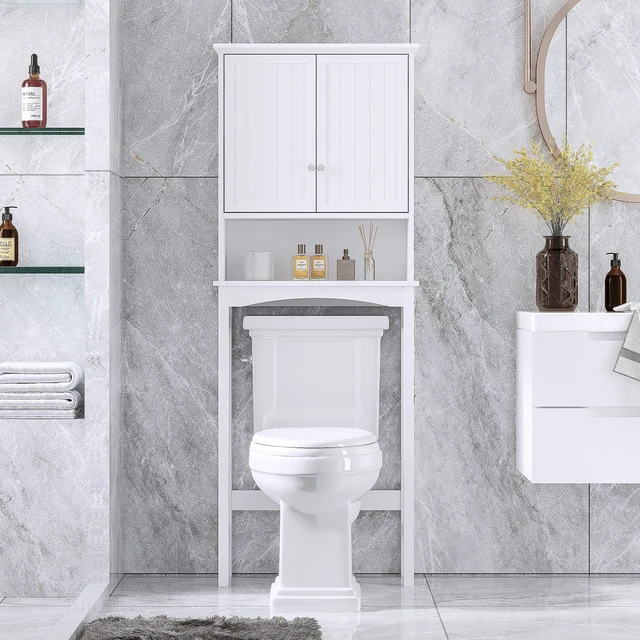 Alt view image 4 of 7 - Over the Toilet Storage Cabinet with Doors, Adjustable Shelf, White | Raised-Panel Doors, Adjustable Interior Shelf, Open Storage, Anti-Tip Device, 33-Inch Clearance, FSC-Certified Wood