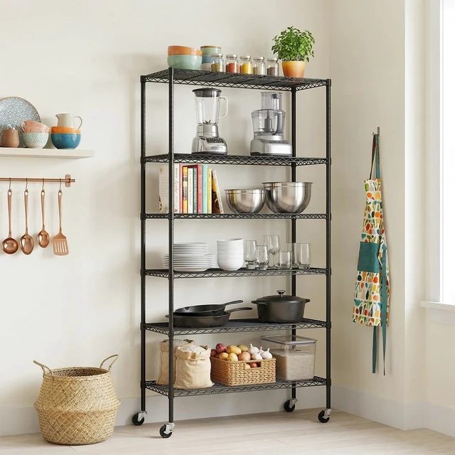 Alt view image 6 of 7 - 6-Tier Wire Shelf with Wheels | 45"x18"x82" | Black | Heavy-Duty Storage Shelves with Adjustable Racks, Holds Upto 510 lbs | Rust-Resistant, No-Tool Assembly | for Home, Garage