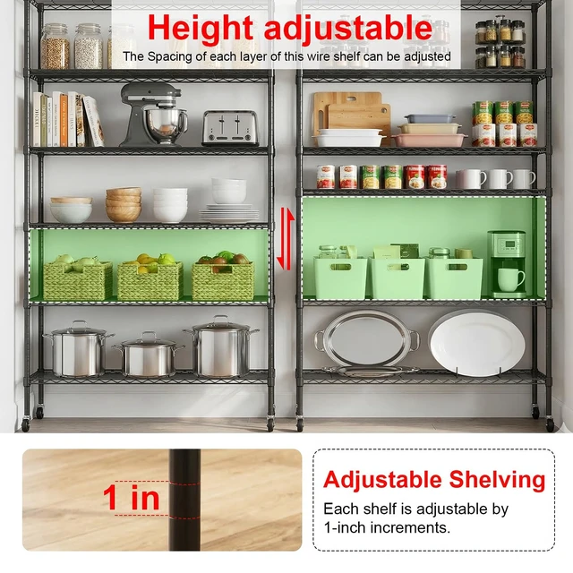 Alt view image 5 of 7 - 6-Tier Wire Shelf with Wheels | 45"x18"x82" | Black | Heavy-Duty Storage Shelves with Adjustable Racks, Holds Upto 510 lbs | Rust-Resistant, No-Tool Assembly | for Home, Garage