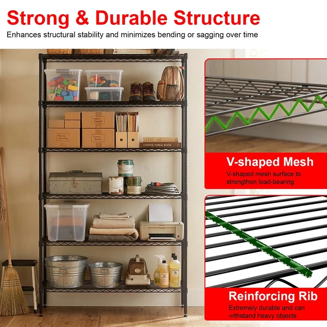 Alt view image 4 of 7 - 6-Tier Wire Shelf with Wheels | 45"x18"x82" | Black | Heavy-Duty Storage Shelves with Adjustable Racks, Holds Upto 510 lbs | Rust-Resistant, No-Tool Assembly | for Home, Garage