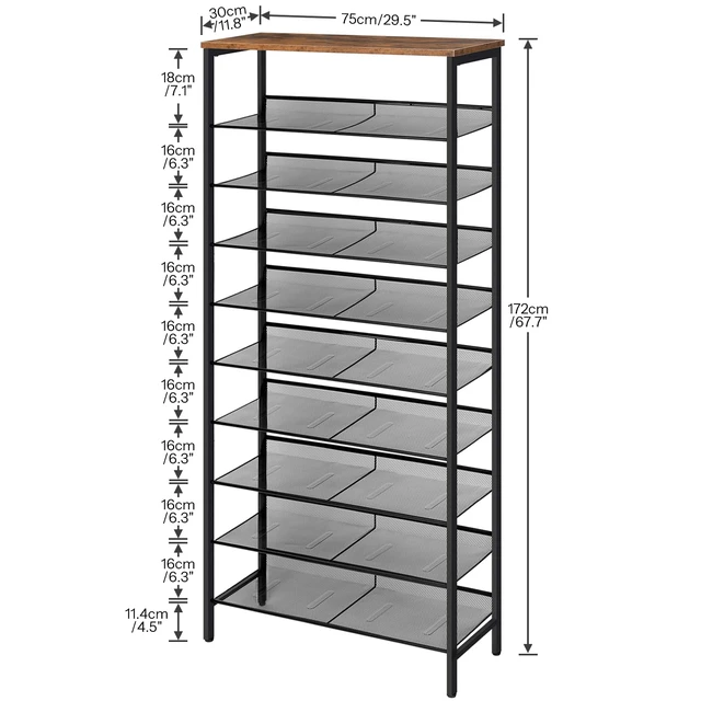 Alt view image 6 of 7 - Shoe Rack for Entryway, 10-Tier Shoe Shelf, Large Capacity Shoe Storage Organizer for 27-30 Pairs of Shoes, Front Door Entrance, Hallway, Closet, Space Saver, Rustic Brown and Black BF110XJ01
