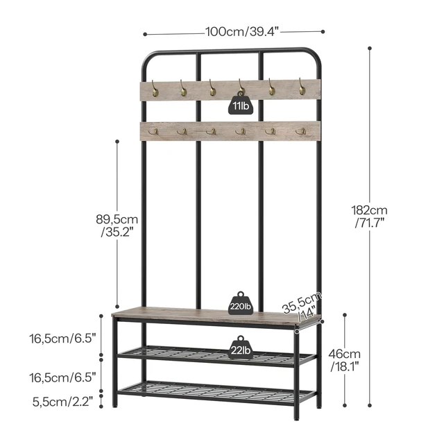 Alt view image 4 of 7 - Hall Tree with Bench, Entryway Bench with Coat Rack, Mud Room Rack with 12 Double Hooks and Shoe Storage, Coat Tree, Shoe Organizer, for Foyer, Front Door, Greige and Black BG05MT01