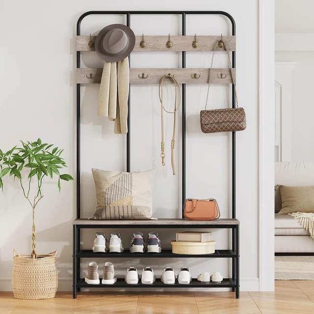 Alt view image 3 of 7 - Hall Tree with Bench, Entryway Bench with Coat Rack, Mud Room Rack with 12 Double Hooks and Shoe Storage, Coat Tree, Shoe Organizer, for Foyer, Front Door, Greige and Black BG05MT01