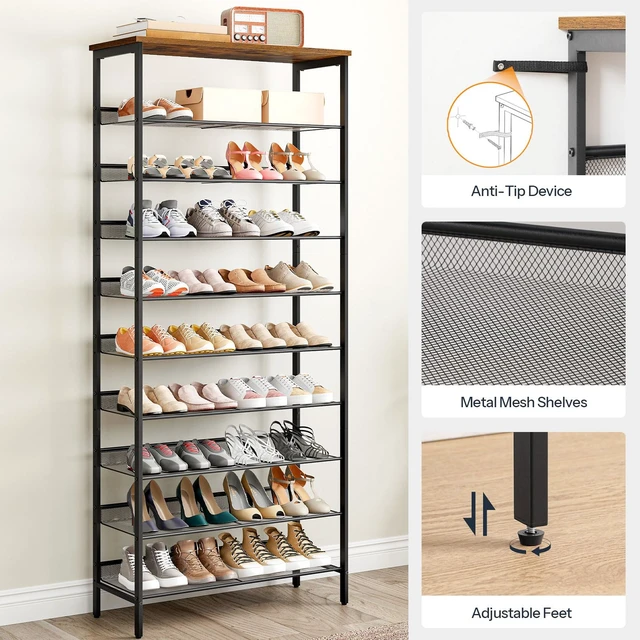 Alt view image 5 of 7 - Shoe Rack for Entryway, 10-Tier Shoe Shelf, Large Capacity Shoe Storage Organizer for 27-30 Pairs of Shoes, Front Door Entrance, Hallway, Closet, Space Saver, Rustic Brown and Black BF110XJ01