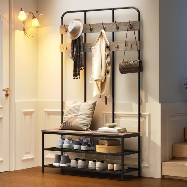 Alt view image 5 of 7 - Hall Tree with Bench, Entryway Bench with Coat Rack, Mud Room Rack with 12 Double Hooks and Shoe Storage, Coat Tree, Shoe Organizer, for Foyer, Front Door, Greige and Black BG05MT01