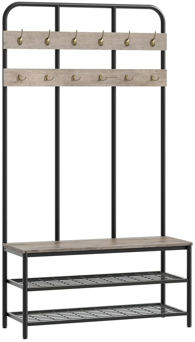 Main image of Hall Tree with Bench, Entryway Bench with Coat Rack, Mud Room Rack with 12 Double Hooks and Shoe Storage, Coat Tree, Shoe Organizer, for Foyer, Front Door, Greige and Black BG05MT01