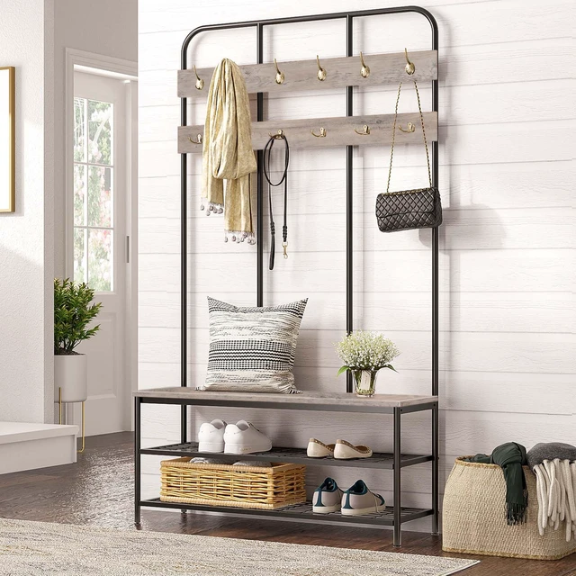 Alt view image 2 of 7 - Hall Tree with Bench, Entryway Bench with Coat Rack, Mud Room Rack with 12 Double Hooks and Shoe Storage, Coat Tree, Shoe Organizer, for Foyer, Front Door, Greige and Black BG05MT01