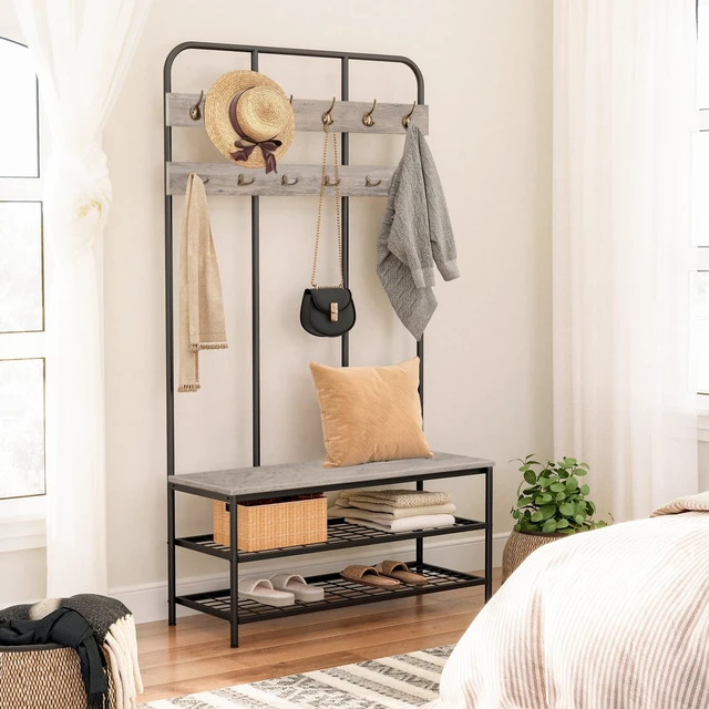Alt view image 6 of 7 - Hall Tree with Bench, Entryway Bench with Coat Rack, Mud Room Rack with 12 Double Hooks and Shoe Storage, Coat Tree, Shoe Organizer, for Foyer, Front Door, Greige and Black BG05MT01