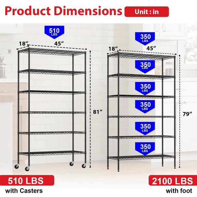 Alt view image 7 of 7 - 6-Tier Wire Shelf with Wheels | 45"x18"x82" | Black | Heavy-Duty Storage Shelves with Adjustable Racks, Holds Upto 510 lbs | Rust-Resistant, No-Tool Assembly | for Home, Garage