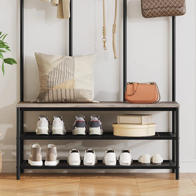 Alt view image 7 of 7 - Hall Tree with Bench, Entryway Bench with Coat Rack, Mud Room Rack with 12 Double Hooks and Shoe Storage, Coat Tree, Shoe Organizer, for Foyer, Front Door, Greige and Black BG05MT01