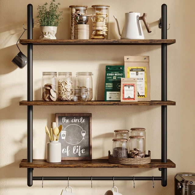 Main image of 3 Tier Industrial Pipe Shelving, Floating Book Shelves for Wall, Storage Hanging Shelves with Towel Bar for Bathroom Organizer Bedroom Kitchen Plants Office. 31.5 Inch Rustic Brown