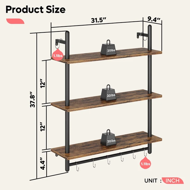 Alt view image 2 of 7 - 3 Tier Industrial Pipe Shelving, Floating Book Shelves for Wall, Storage Hanging Shelves with Towel Bar for Bathroom Organizer Bedroom Kitchen Plants Office. 31.5 Inch Rustic Brown