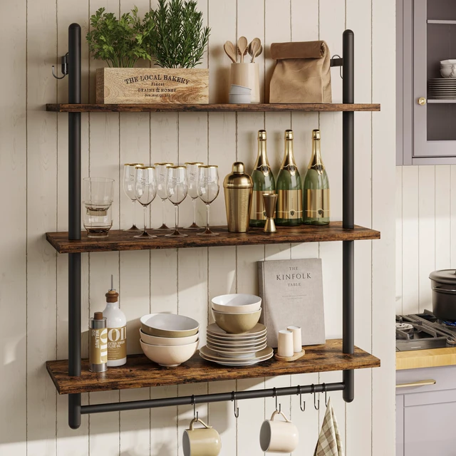 Alt view image 3 of 7 - 3 Tier Industrial Pipe Shelving, Floating Book Shelves for Wall, Storage Hanging Shelves with Towel Bar for Bathroom Organizer Bedroom Kitchen Plants Office. 31.5 Inch Rustic Brown