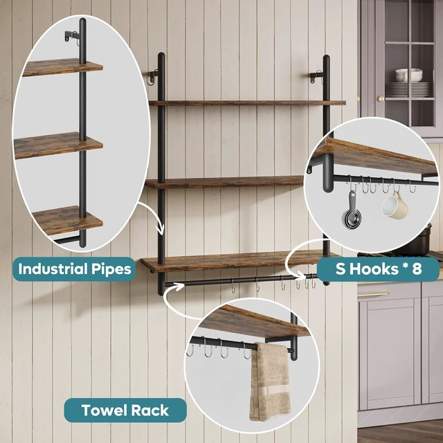 Alt view image 4 of 7 - 3 Tier Industrial Pipe Shelving, Floating Book Shelves for Wall, Storage Hanging Shelves with Towel Bar for Bathroom Organizer Bedroom Kitchen Plants Office. 31.5 Inch Rustic Brown