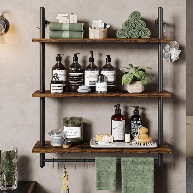 Alt view image 6 of 7 - 3 Tier Industrial Pipe Shelving, Floating Book Shelves for Wall, Storage Hanging Shelves with Towel Bar for Bathroom Organizer Bedroom Kitchen Plants Office. 31.5 Inch Rustic Brown