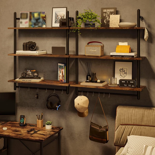 Alt view image 5 of 7 - 3 Tier Industrial Pipe Shelving, Floating Book Shelves for Wall, Storage Hanging Shelves with Towel Bar for Bathroom Organizer Bedroom Kitchen Plants Office. 31.5 Inch Rustic Brown