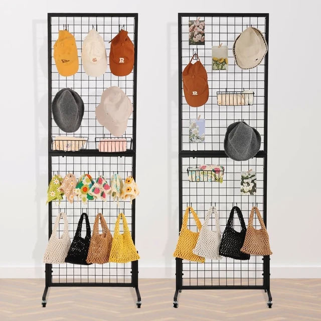 Alt view image 2 of 7 - 2 Packs 1.8' x 5.7' Grid Wall Panels Standing Wire Grid, Display Rack with T-Base Wheels Freestanding Gridwall Panel Tower for Shows, Black