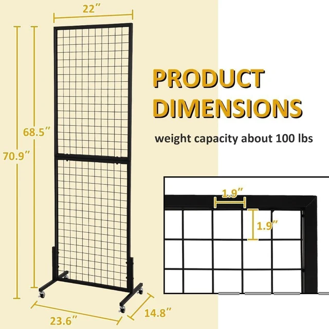 Alt view image 3 of 7 - 2 Packs 1.8' x 5.7' Grid Wall Panels Standing Wire Grid, Display Rack with T-Base Wheels Freestanding Gridwall Panel Tower for Shows, Black