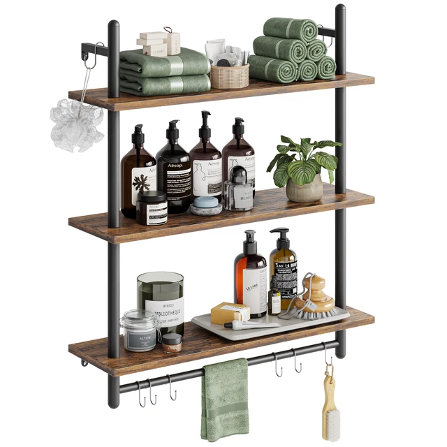 Alt view image 7 of 7 - 3 Tier Industrial Pipe Shelving, Floating Book Shelves for Wall, Storage Hanging Shelves with Towel Bar for Bathroom Organizer Bedroom Kitchen Plants Office. 31.5 Inch Rustic Brown