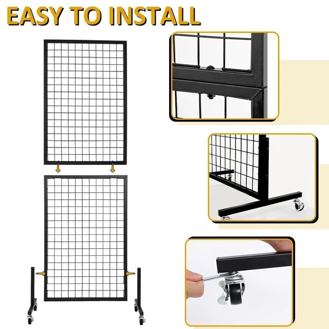 Alt view image 6 of 7 - 2 Packs 1.8' x 5.7' Grid Wall Panels Standing Wire Grid, Display Rack with T-Base Wheels Freestanding Gridwall Panel Tower for Shows, Black