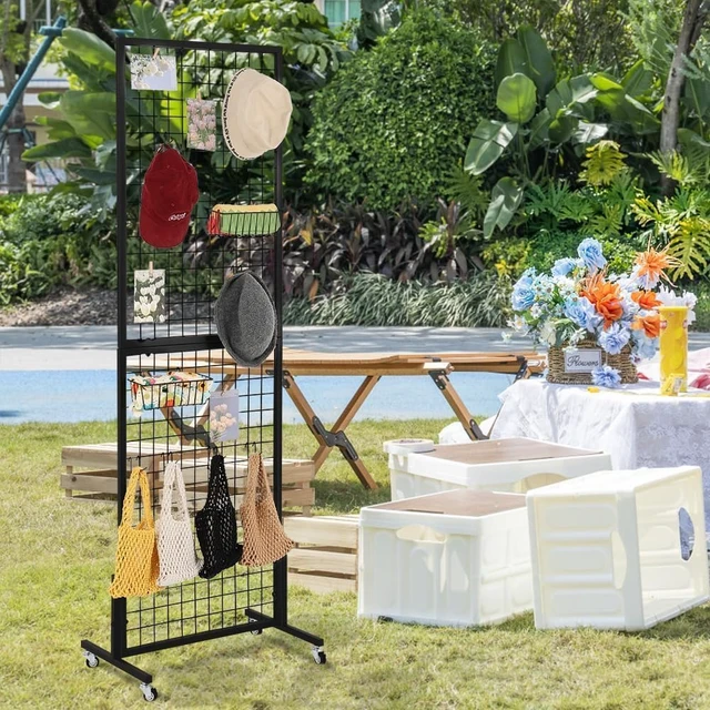 Alt view image 7 of 7 - 2 Packs 1.8' x 5.7' Grid Wall Panels Standing Wire Grid, Display Rack with T-Base Wheels Freestanding Gridwall Panel Tower for Shows, Black