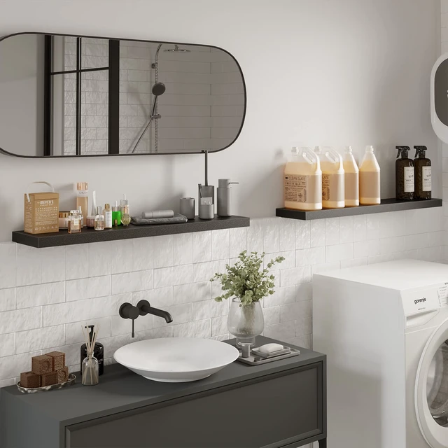 Alt view image 2 of 6 - 47in Floating Shelves, Black Wall Mounted Wooden Shelves with Invisible Brackets Set of 2