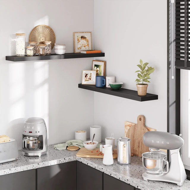 Alt view image 4 of 6 - 47in Floating Shelves, Black Wall Mounted Wooden Shelves with Invisible Brackets Set of 2