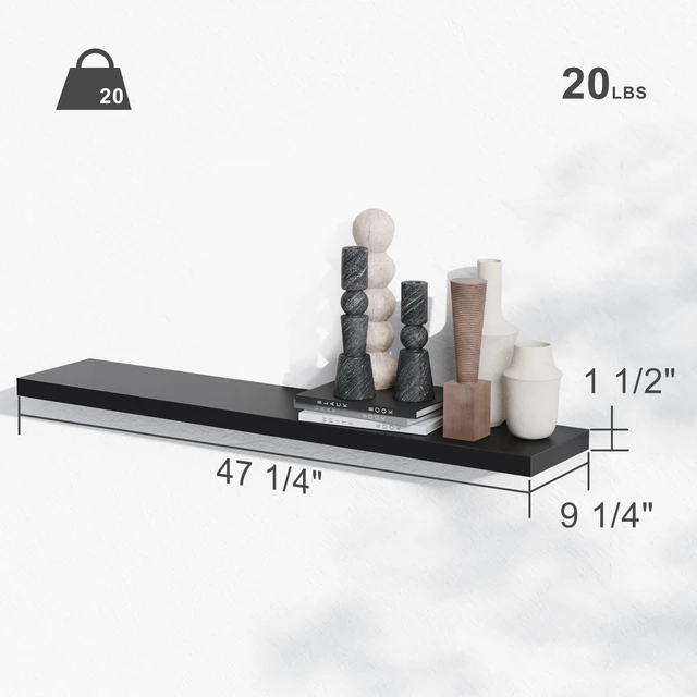 Alt view image 6 of 6 - 47in Floating Shelves, Black Wall Mounted Wooden Shelves with Invisible Brackets Set of 2