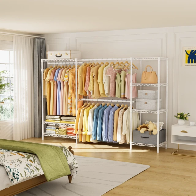 Alt view image 3 of 7 - Heavy Duty Clothing Rack with Adjustable Shelves Clothes Wardrobe | Coat Rack Metal Closet Organizer and Storage Garment Rack for Hanging Clothes Wire Portable Cloth System Free Standing White