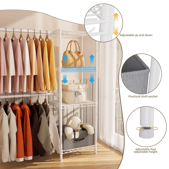 Alt view image 5 of 7 - Heavy Duty Clothing Rack with Adjustable Shelves Clothes Wardrobe | Coat Rack Metal Closet Organizer and Storage Garment Rack for Hanging Clothes Wire Portable Cloth System Free Standing White