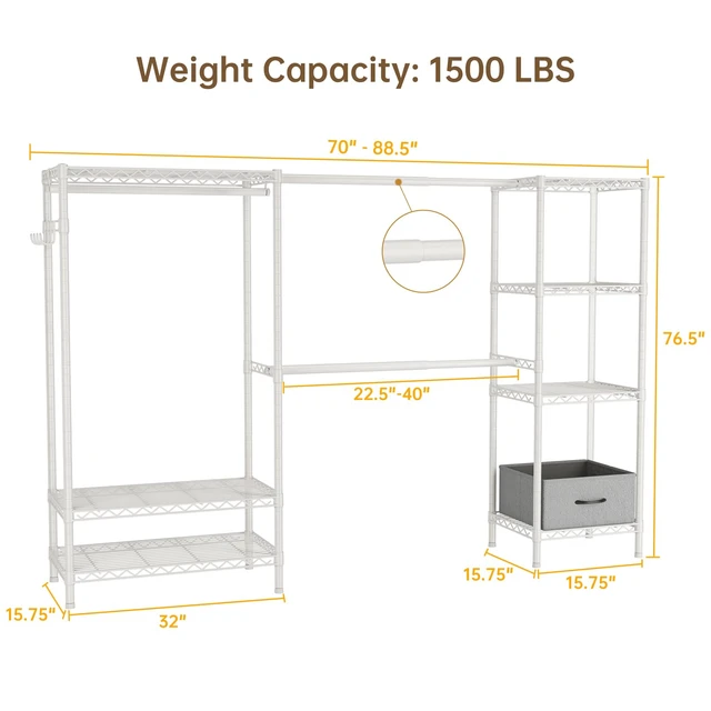 Alt view image 4 of 7 - Heavy Duty Clothing Rack with Adjustable Shelves Clothes Wardrobe | Coat Rack Metal Closet Organizer and Storage Garment Rack for Hanging Clothes Wire Portable Cloth System Free Standing White