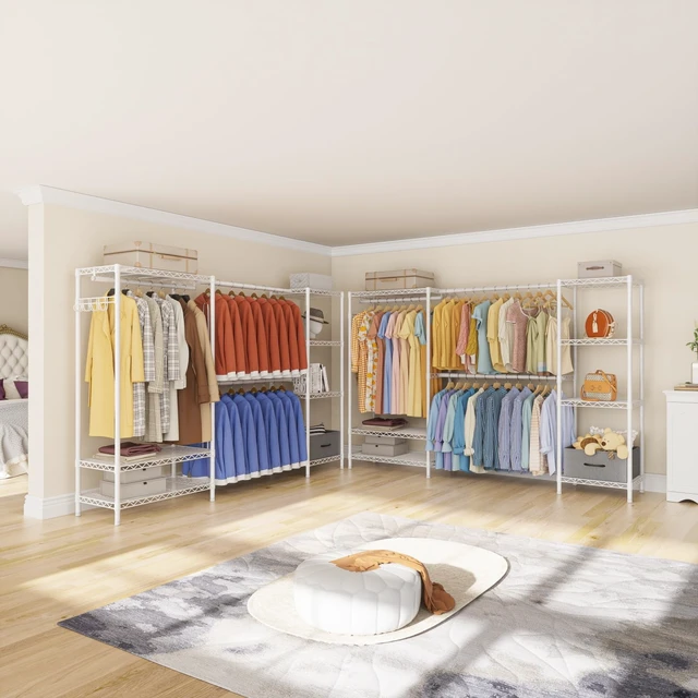 Alt view image 7 of 7 - Heavy Duty Clothing Rack with Adjustable Shelves Clothes Wardrobe | Coat Rack Metal Closet Organizer and Storage Garment Rack for Hanging Clothes Wire Portable Cloth System Free Standing White